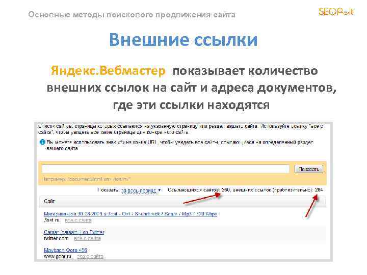Основные методы поискового продвижения сайта Внешние ссылки Яндекс. Вебмастер показывает количество внешних ссылок на