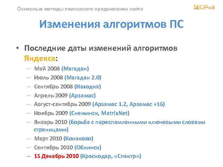 Основные методы поискового продвижения сайта Изменения алгоритмов ПС • Последние даты изменений алгоритмов Яндекса: