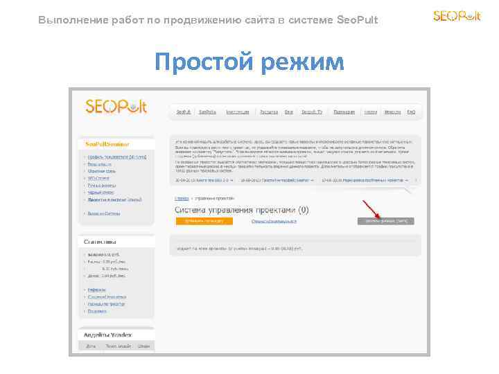 Выполнение работ по продвижению сайта в системе Seo. Pult Простой режим 