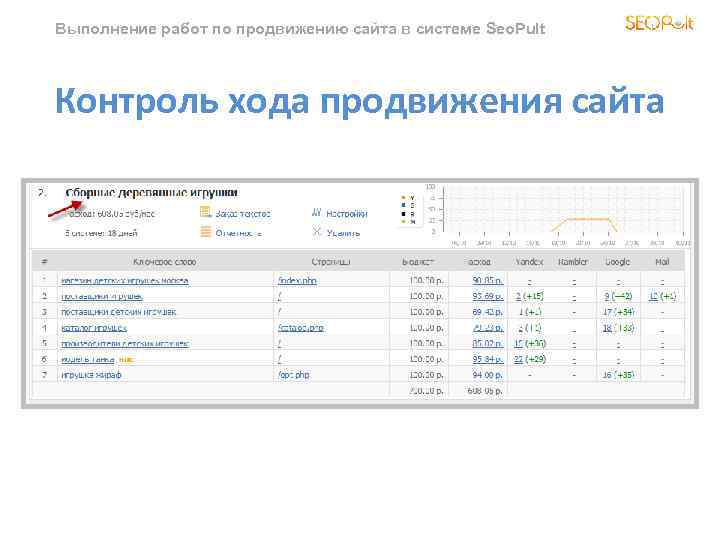 Выполнение работ по продвижению сайта в системе Seo. Pult Контроль хода продвижения сайта 