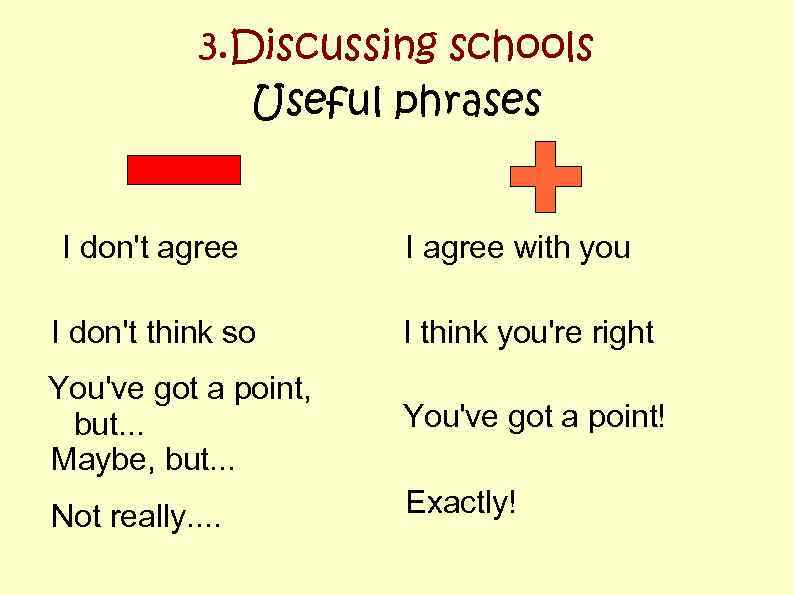 3. Discussing schools Useful phrases I don't agree I agree with you I don't