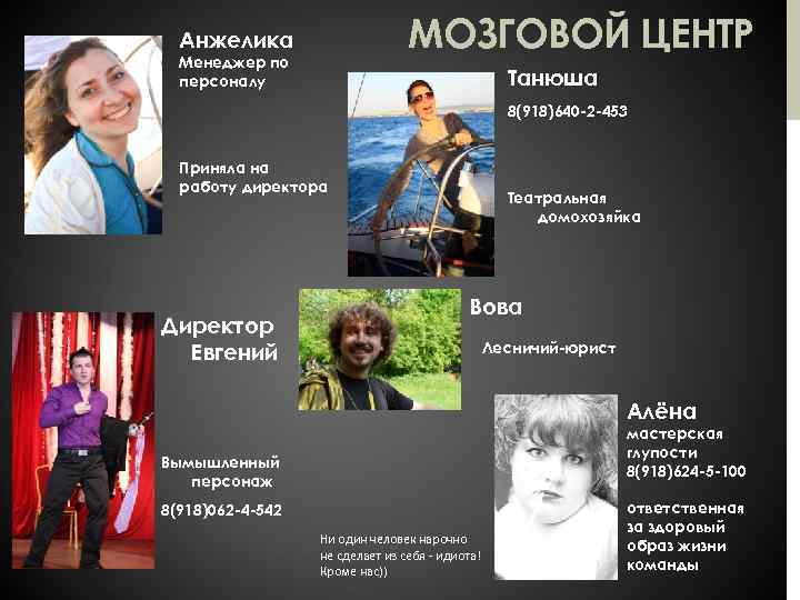 МОЗГОВОЙ ЦЕНТР Анжелика Менеджер по персоналу Танюша 8(918)640 -2 -453 Приняла на работу директора