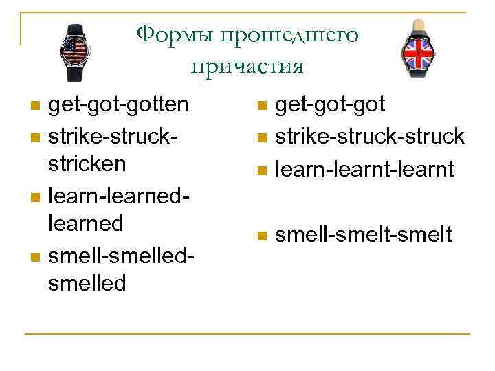 Формы прошедшего причастия n n get-gotten strike-struckstricken learn-learned smell-smelled n get-got strike-struck learn-learnt n