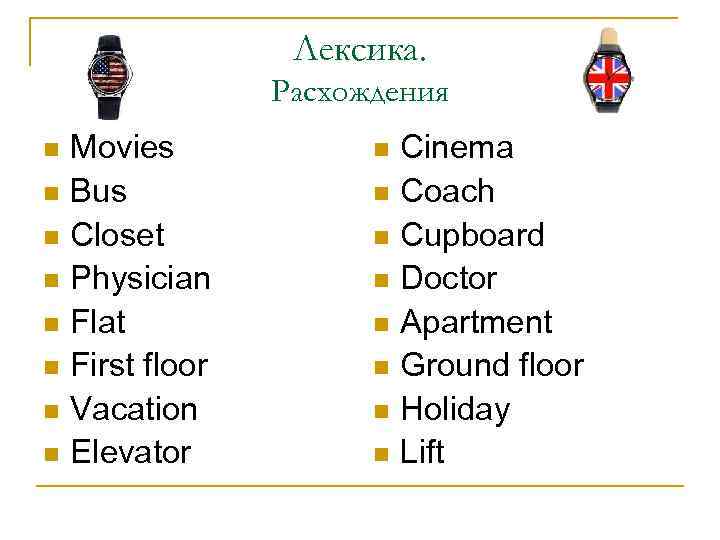 Лексика. Расхождения n n n n Movies Bus Closet Physician Flat First floor Vacation