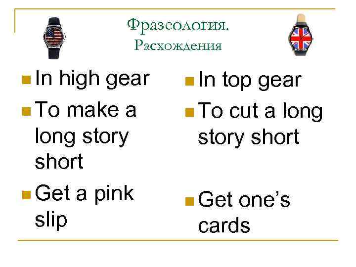 Фразеология. Расхождения n In high gear n To make a long story short n