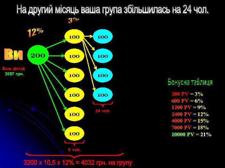 100 200 Ваш дохід 3087 грн. 100 100 100 6 чол. 24 чол. 200