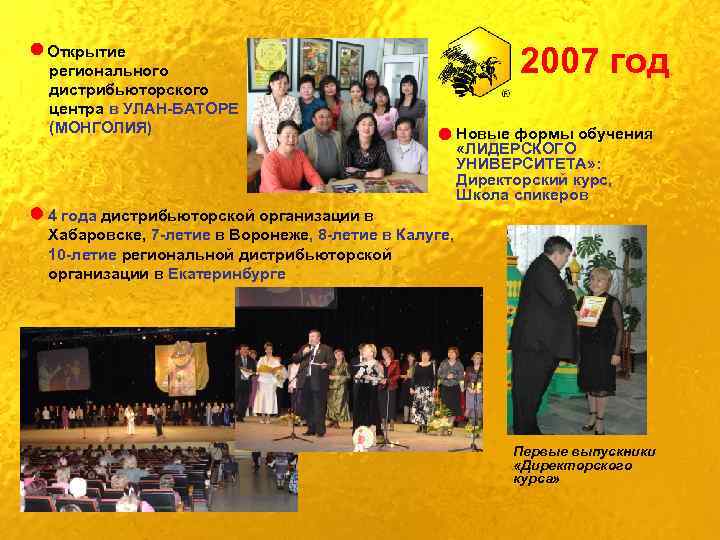 Открытие регионального дистрибьюторского центра в УЛАН-БАТОРЕ (МОНГОЛИЯ) 2007 год Новые формы обучения «ЛИДЕРСКОГО УНИВЕРСИТЕТА»