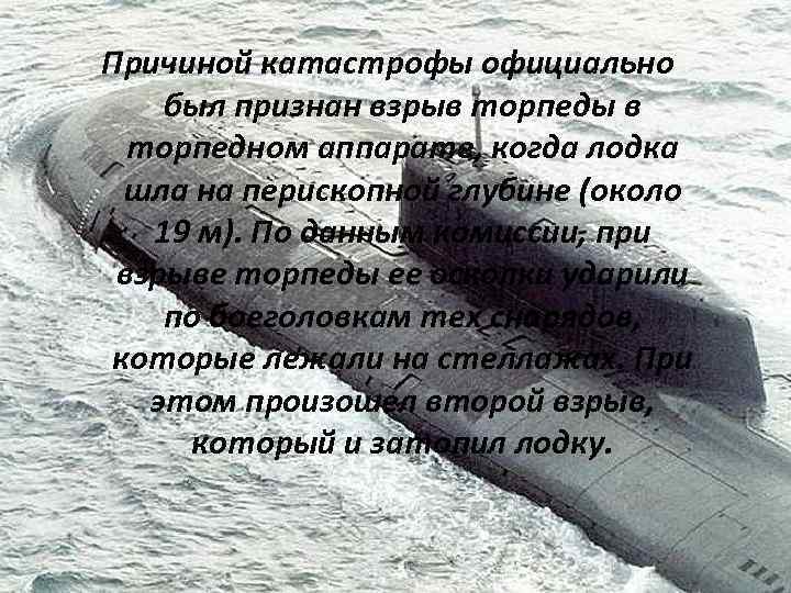 Причиной катастрофы официально был признан взрыв торпеды в торпедном аппарате, когда лодка шла на