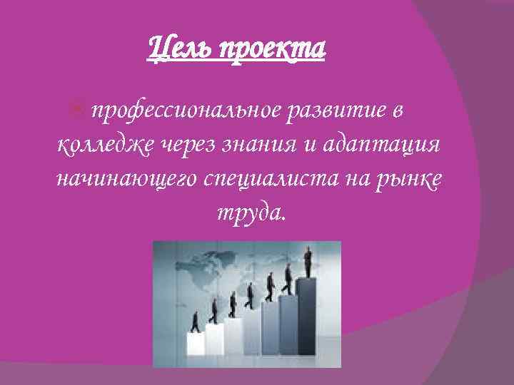 Цель проекта профессиональное развитие в колледже через знания и адаптация начинающего специалиста на рынке