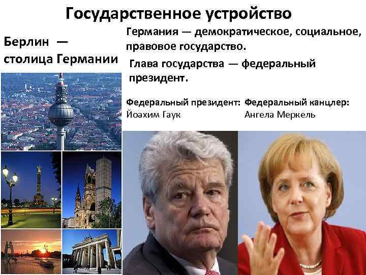  Государственное устройство Германия — демократическое, социальное, Берлин — правовое государство. столица Германии Глава