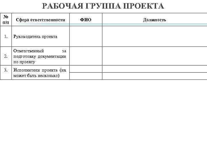 РАБОЧАЯ ГРУППА ПРОЕКТА № п/п Сфера ответственности 1. Руководитель проекта 2. Ответственный за подготовку