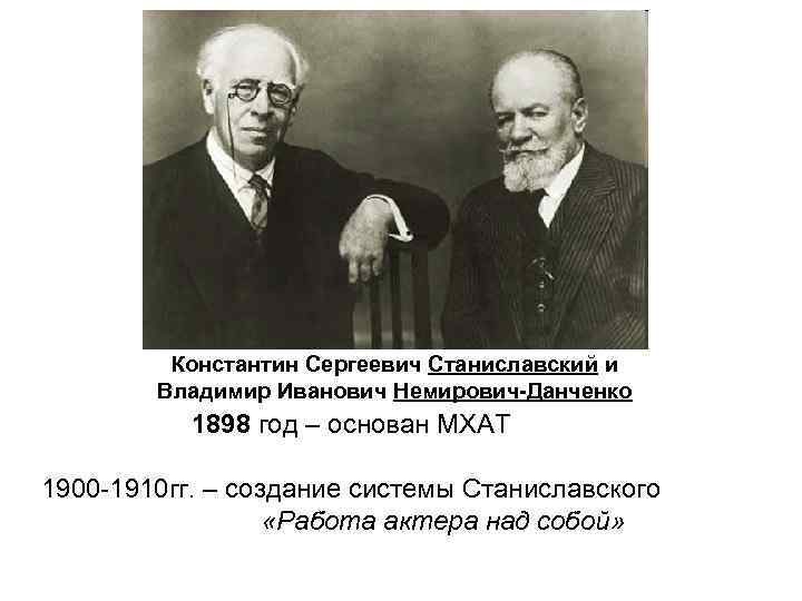 Константин Сергеевич Станиславский и Владимир Иванович Немирович-Данченко 1898 год – основан МХАТ 1900 -1910