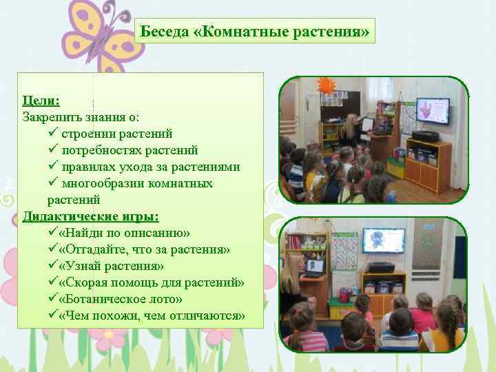 Беседа «Комнатные растения» Цели: Закрепить знания о: ü строении растений ü потребностях растений ü