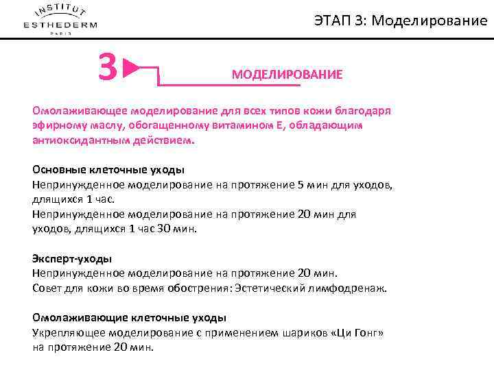 NOTRE METHODE DE SOIN ЭТАП 3: Моделирование 3 МОДЕЛИРОВАНИЕ Омолаживающее моделирование для всех типов