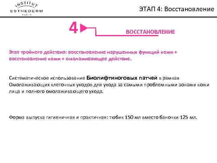 NOTRE METHODE DE SOIN ЭТАП 4: Восстановление 4 ВОССТАНОВЛЕНИЕ Этап тройного действия: восстановление нарушенных