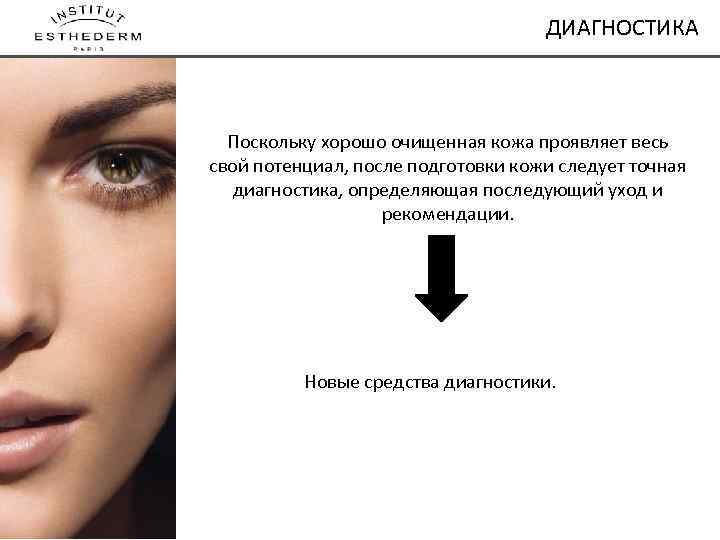 ДИАГНОСТИКА Поскольку хорошо очищенная кожа проявляет весь свой потенциал, после подготовки кожи следует точная