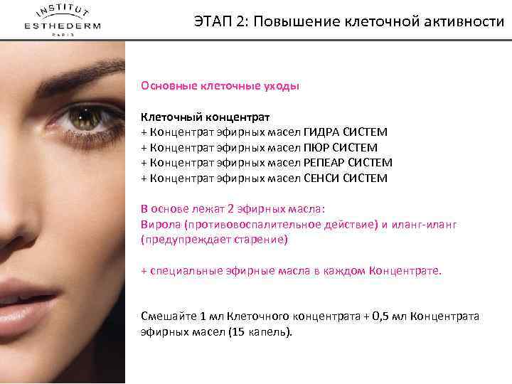 NOTRE METHODE DE SOIN ЭТАП 2: Повышение клеточной активности Основные клеточные уходы Клеточный концентрат