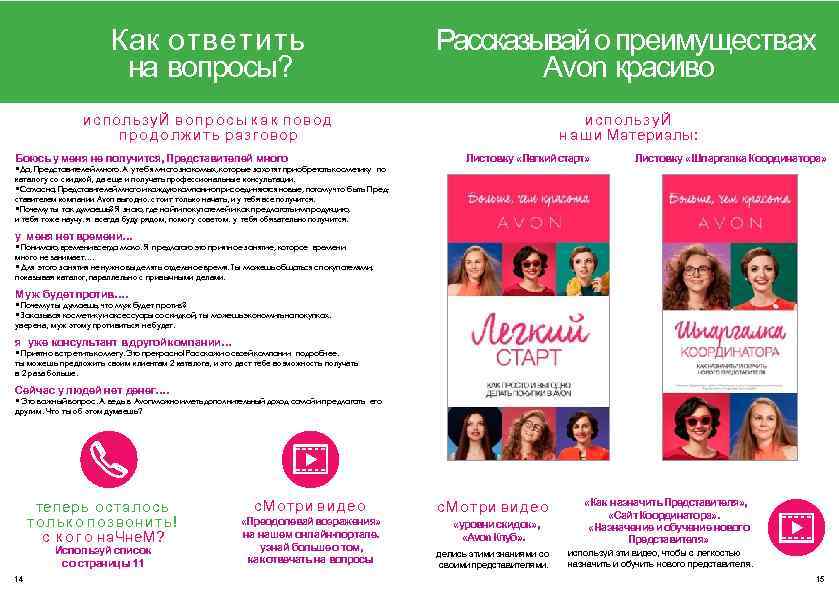 Как ответить на вопросы? Рассказывай о преимуществах Аvon красиво использу. Й вопросы к а