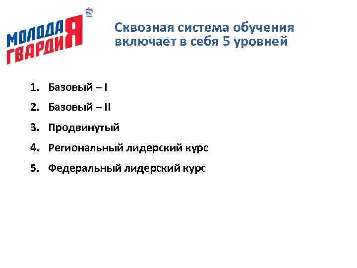 Сквозная система обучения включает в себя 5 уровней 1. Базовый – I 2. Базовый