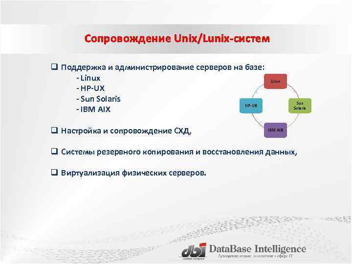 Сопровождение Unix/Lunix-систем q Поддержка и администрирование серверов на базе: - Linux - HP-UX -