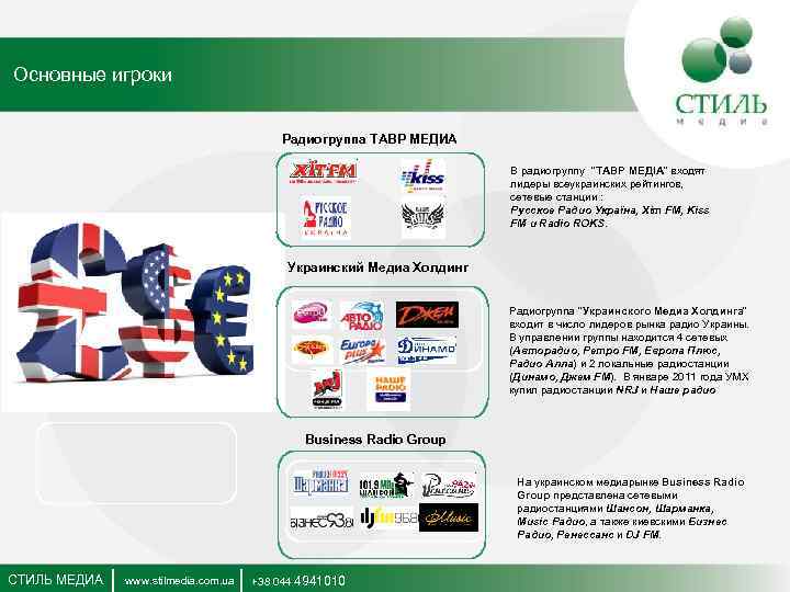 Основные игроки Радиогруппа ТАВР МЕДИА В радиогруппу "ТАВР МЕДІА" входят лидеры всеукраинских рейтингов, сетевые