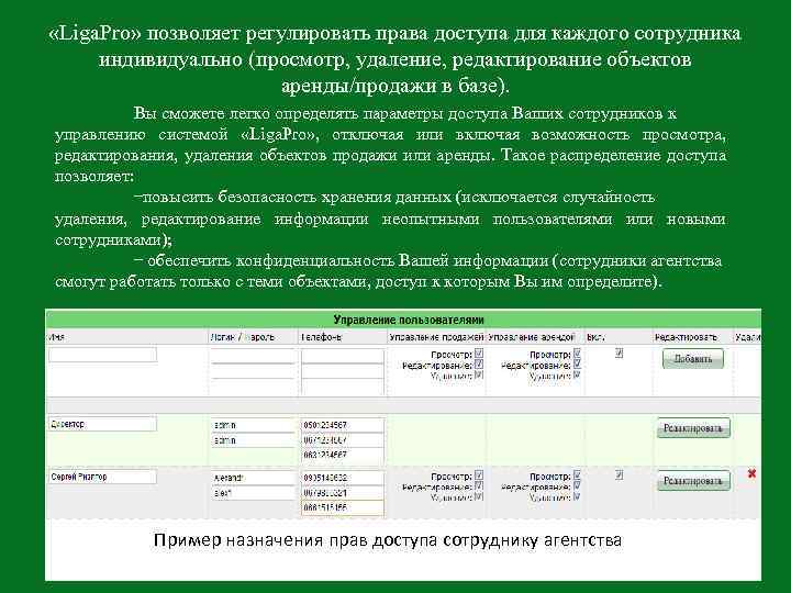  «Liga. Pro» позволяет регулировать права доступа для каждого сотрудника индивидуально (просмотр, удаление, редактирование