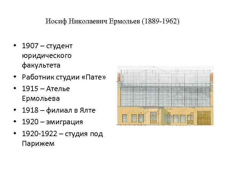 Иосиф Николаевич Ермольев (1889 -1962) • 1907 – студент юридического факультета • Работник студии