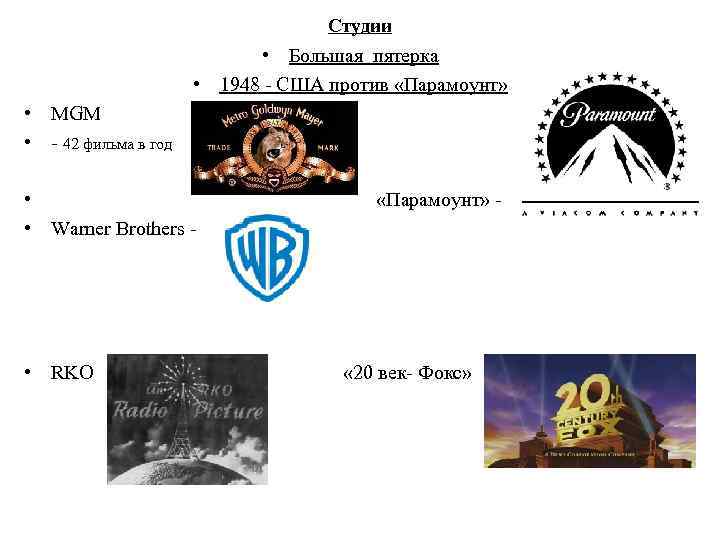 Студии • Большая пятерка • 1948 - США против «Парамоунт» • MGM • -