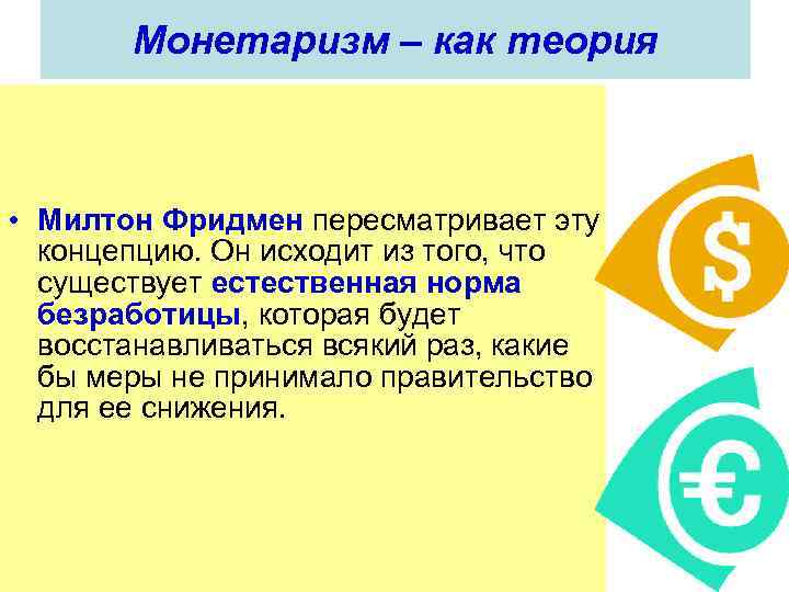 Монетаризм – как теория • Милтон Фридмен пересматривает эту концепцию. Он исходит из того,