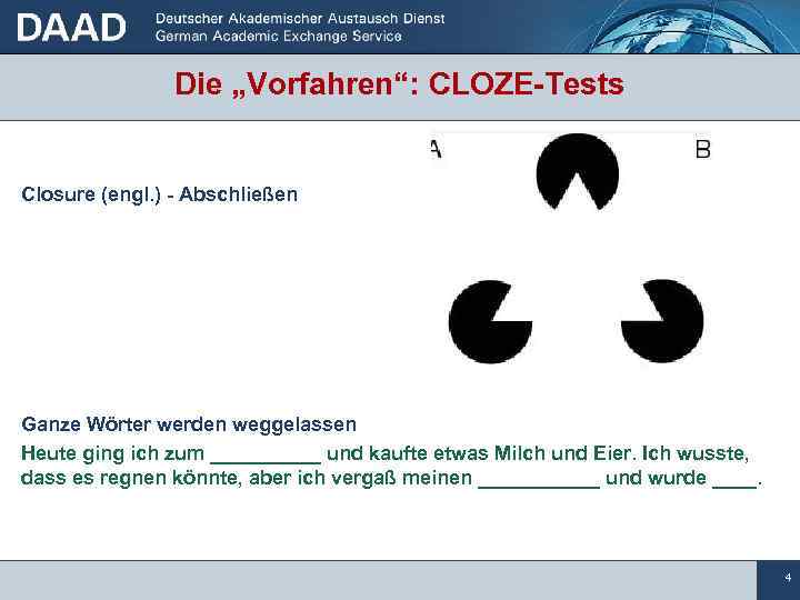 Die „Vorfahren“: CLOZE-Tests Closure (engl. ) - Abschließen Ganze Wörter werden weggelassen Heute ging