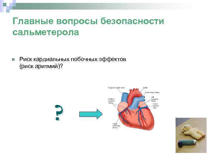 Главные вопросы безопасности сальметерола Риск кардиальных побочных эффектов (риск аритмий)? ? 