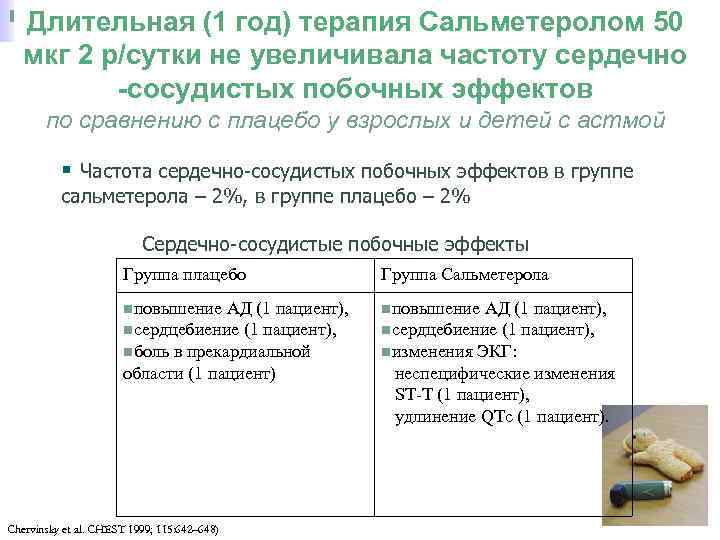 Длительная (1 год) терапия Сальметеролом 50 мкг 2 р/сутки не увеличивала частоту сердечно -сосудистых