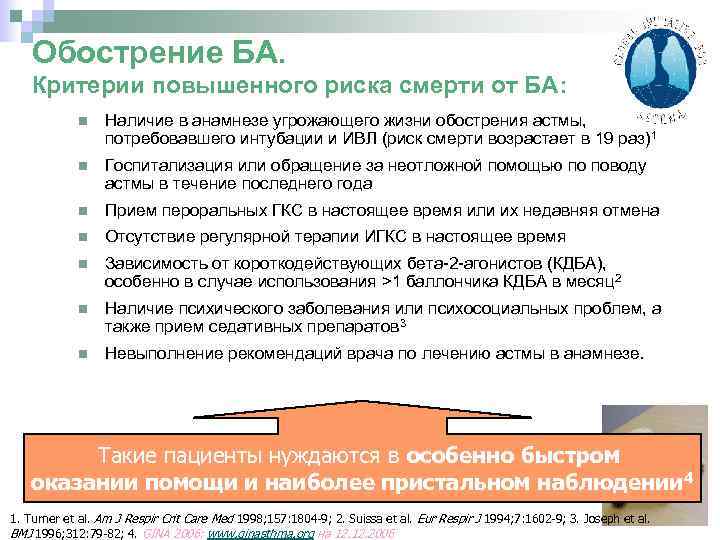 Обострение БА. Критерии повышенного риска смерти от БА: Наличие в анамнезе угрожающего жизни обострения