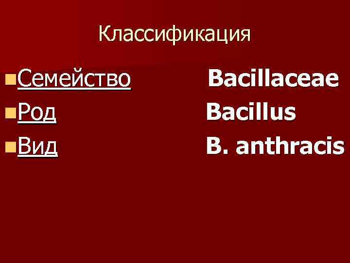 Классификация n. Семейство n. Род n. Вид Bacillaceae Bacillus B. anthracis 
