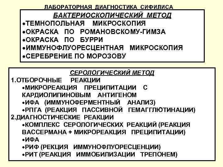 ЛАБОРАТОРНАЯ ДИАГНОСТИКА СИФИЛИСА БАКТЕРИОСКОПИЧЕСКИЙ МЕТОД ТЕМНОПОЛЬНАЯ МИКРОСКОПИЯ ОКРАСКА ПО РОМАНОВСКОМУ-ГИМЗА ОКРАСКА ПО БУРРИ ИММУНОФЛУОРЕСЦЕНТНАЯ