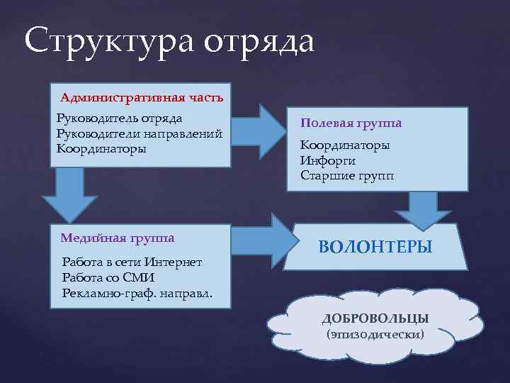 Структура отряда Административная часть Руководитель отряда Руководители направлений Координаторы Медийная группа Работа в сети