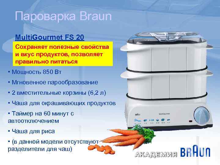 Пароварка Braun Multi. Gourmet FS 20 Сохраняет полезные свойства и вкус продуктов, позволяет правильно