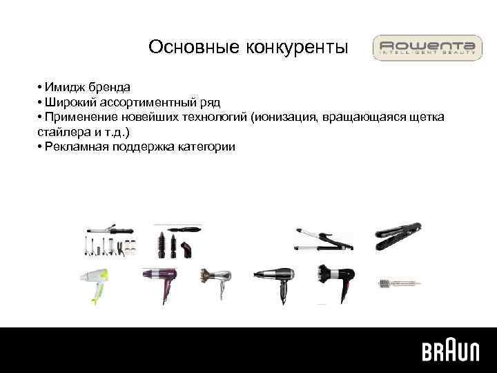 Основные конкуренты • Имидж бренда • Широкий ассортиментный ряд • Применение новейших технологий (ионизация,