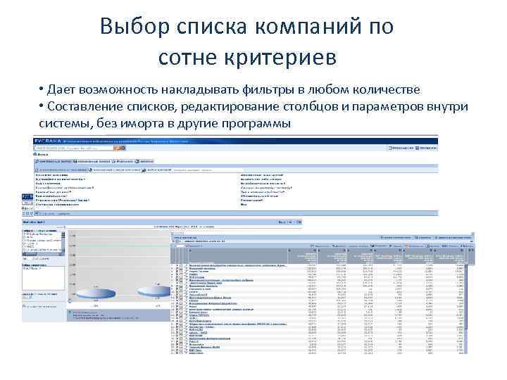 Выбор списка компаний по сотне критериев • Дает возможность накладывать фильтры в любом количестве