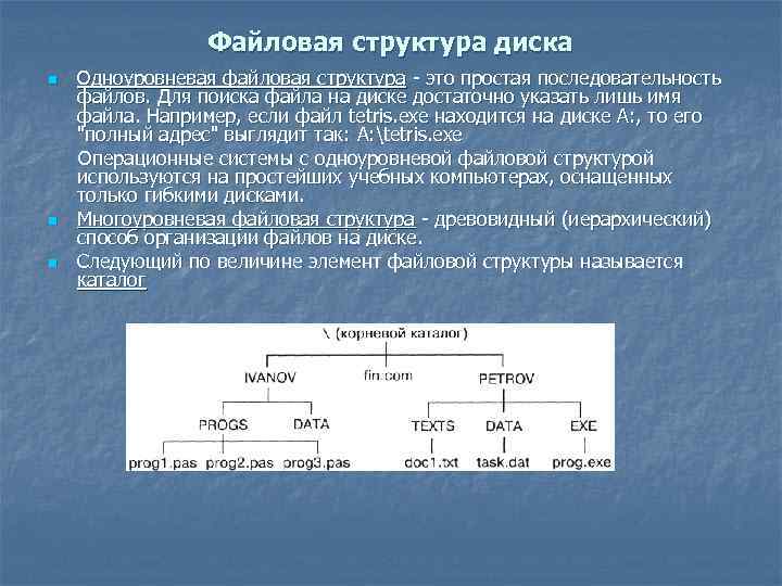 Файловая структура диска n n n Одноуровневая файловая структура - это простая последовательность файлов.