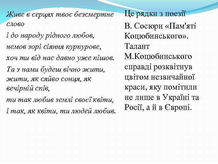 Живе в серцях твоє безсмертне Це рядки з поезії слово В. Сосюри «Пам'яті і