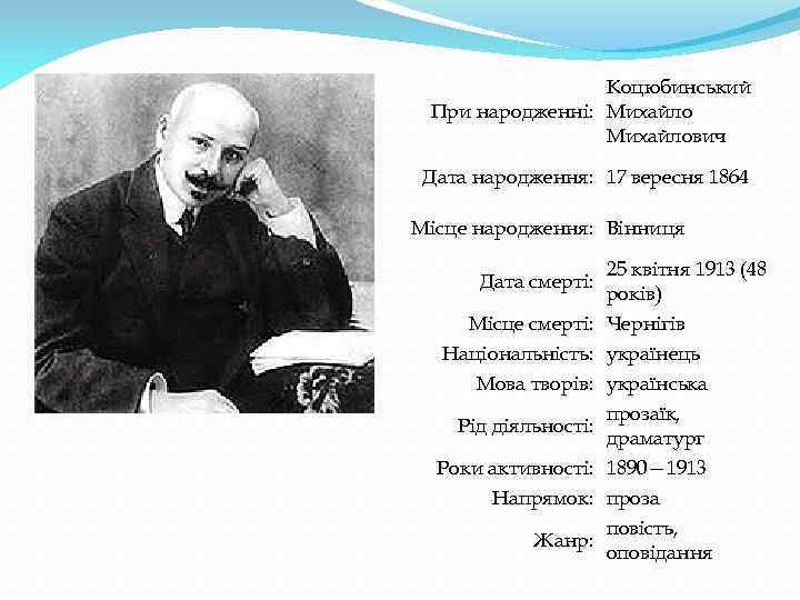 Коцюбинський При народженні: Михайлович Дата народження: 17 вересня 1864 Місце народження: Вінниця Дата смерті: