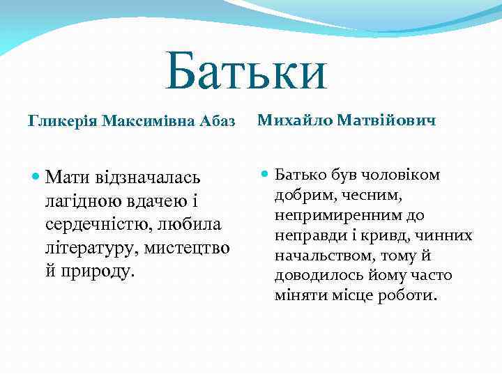  Батьки Гликерія Максимівна Абаз Михайло Матвійович Мати відзначалась лагідною вдачею і сердечністю, любила