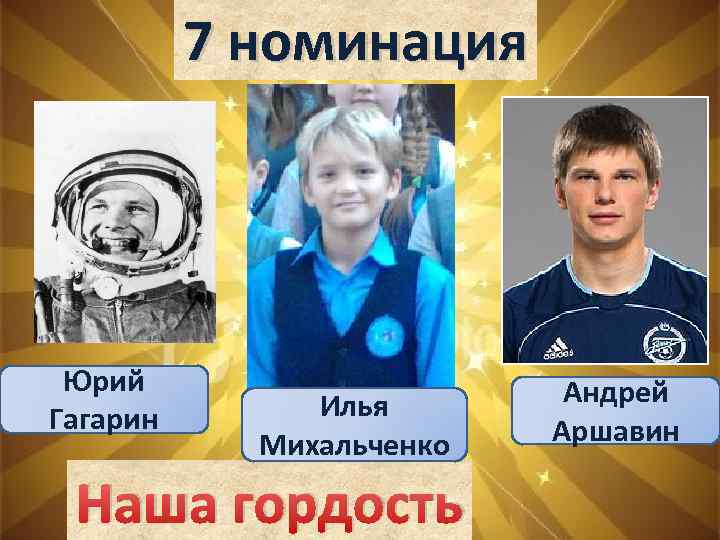 7 номинация Юрий Гагарин Илья Михальченко Наша гордость Андрей Аршавин 