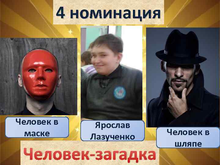 4 номинация Человек в маске Ярослав Лазученко Человек-загадка Человек в шляпе 