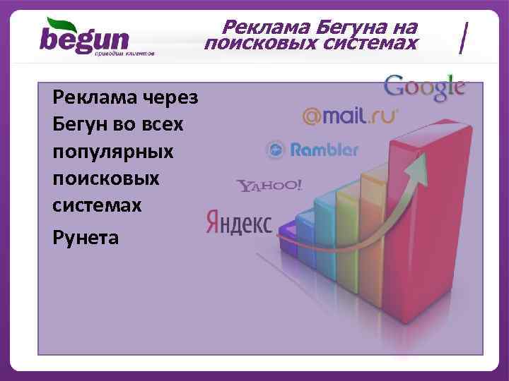 Реклама Бегуна на поисковых системах Реклама через Бегун во всех популярных поисковых системах Рунета