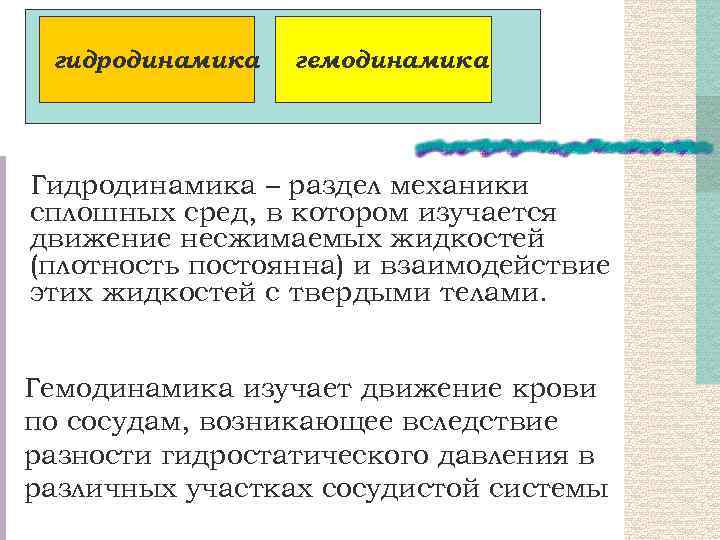 гидродинамика гемодинамика Гидродинамика – раздел механики сплошных сред, в котором изучается движение несжимаемых жидкостей