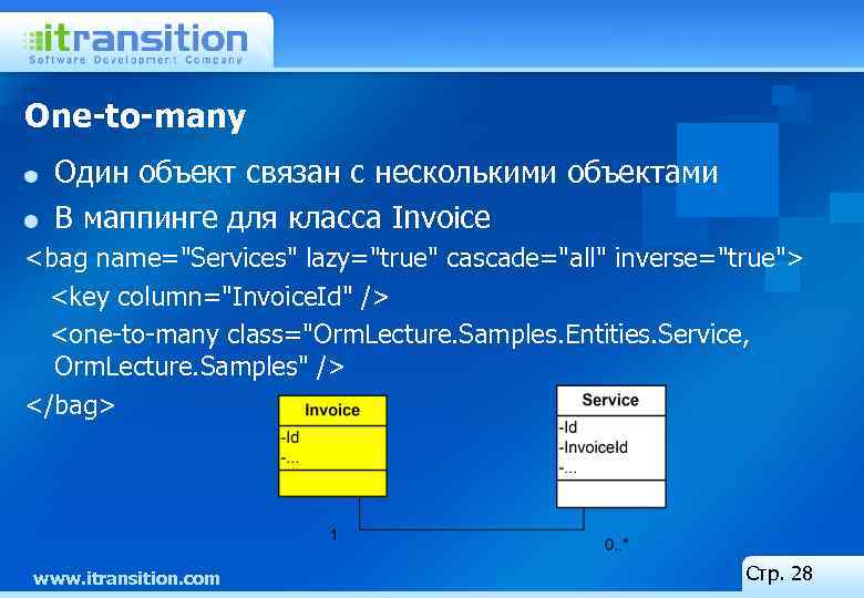 One-to-many Один объект связан с несколькими объектами В маппинге для класса Invoice <bag name="Services"