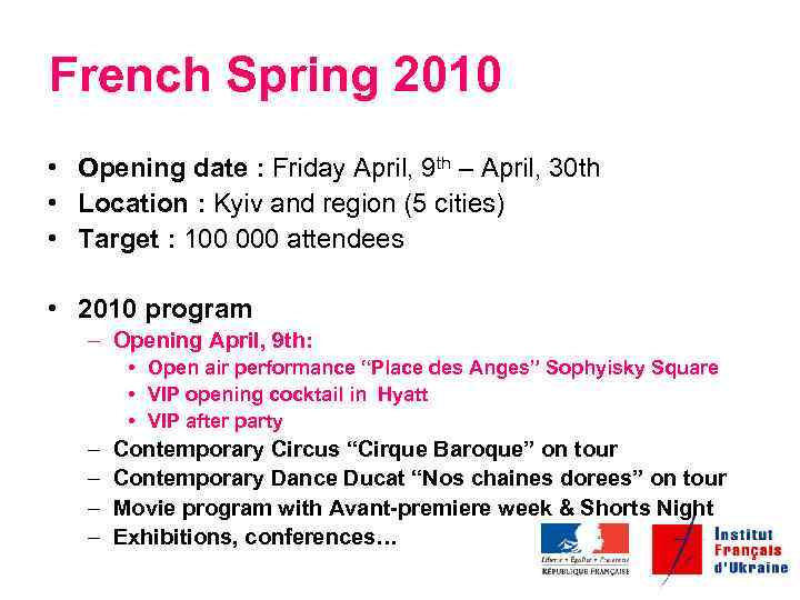 French Spring 2010 • Opening date : Friday April, 9 th – April, 30