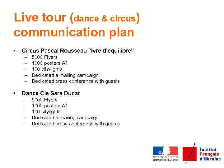 Live tour (dance & circus) communication plan • Circus Pascal Rousseau “Ivre d’equilibre” –